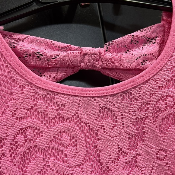 Duchess Lace Overlay, lined, crossback bow back, round neck,short sleeve,flare - Picture 2 of 7